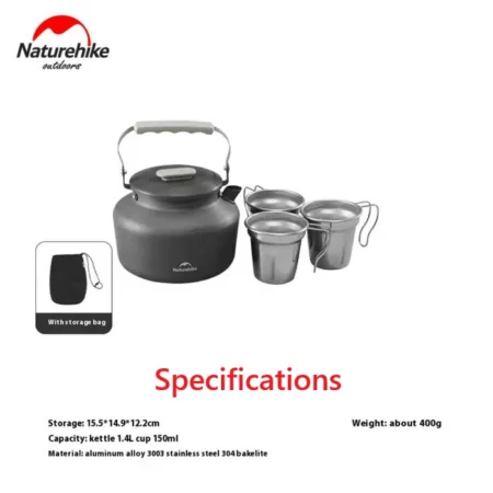 Naturehike Outdoor Camping Portable Aluminum Alloy 1.4L Kettle with Stainless Steel 150ml Capacity Cups