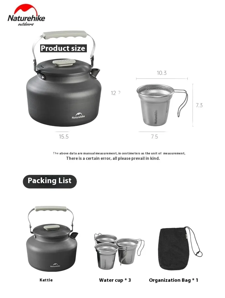 Naturehike Outdoor Camping Portable Aluminum Alloy 1.4L Kettle with Stainless Steel 150ml Capacity Cups - Image 9